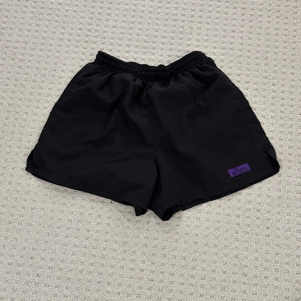 Asics Women's Black Athletic Shorts with Purple Logo
